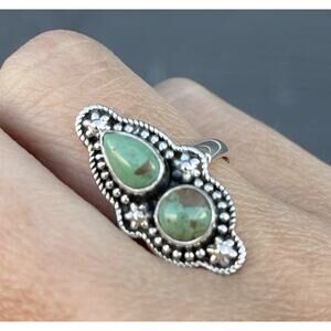 Native Style SW Sterling Silver Green Turquoise 2 Stone Ring Elongated Star 7.25